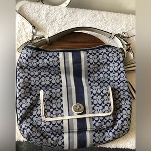 Coach blue signature canvas Courtney hobo. Blue heritage stripe.